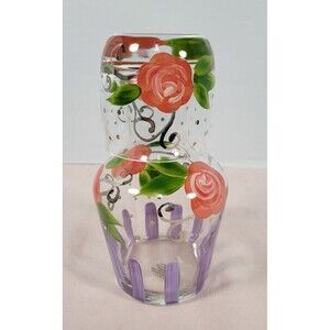 Carafe & Tumbler Glass Nite Night Bedside Table Set Hand Painted Roses